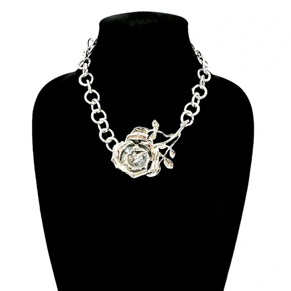 BOLD ROSE | Dramatic Sculpted Silver Rose Choker Necklace | NWOT - Picture 4 of 12